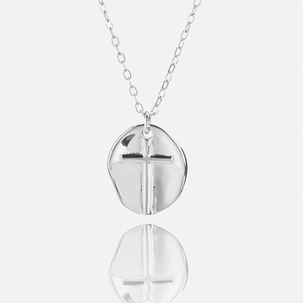 Silver coin cross pendant necklace details