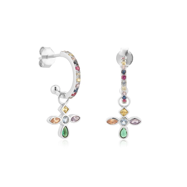 Silver colorful crystal cross c hoop earrings