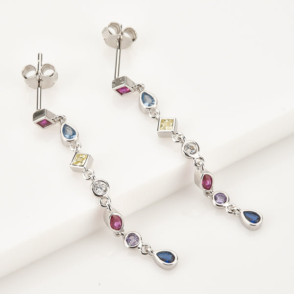 Silver colorful crystal drop chain earrings details