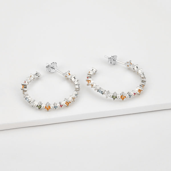 Silver colorful crystal hoop earrings details