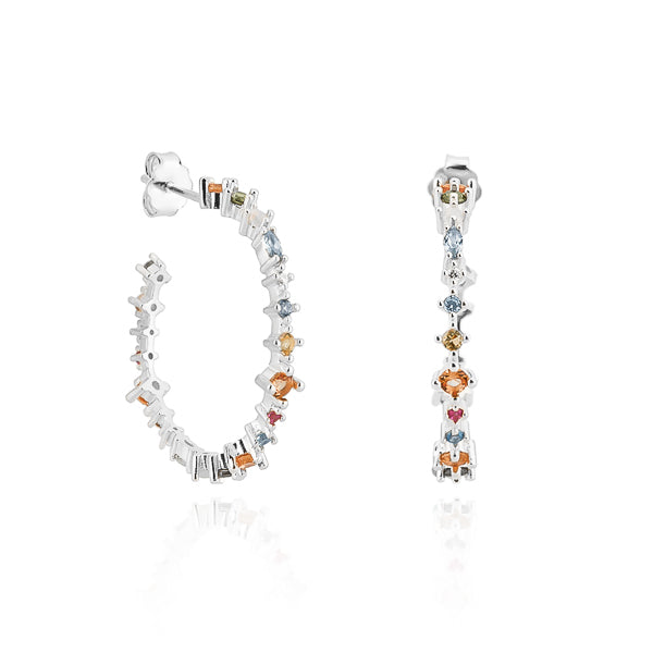 Silver colorful crystal hoop earrings