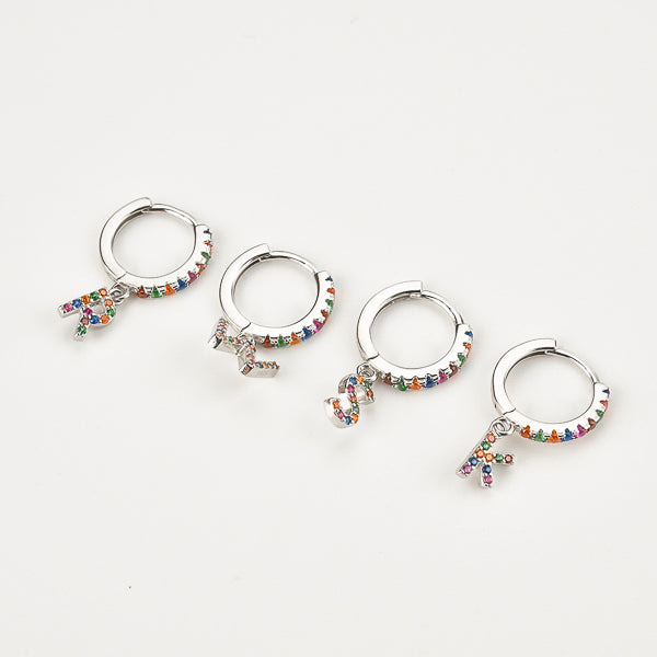 Silver colorful crystal initial letter huggie hoop earrings
