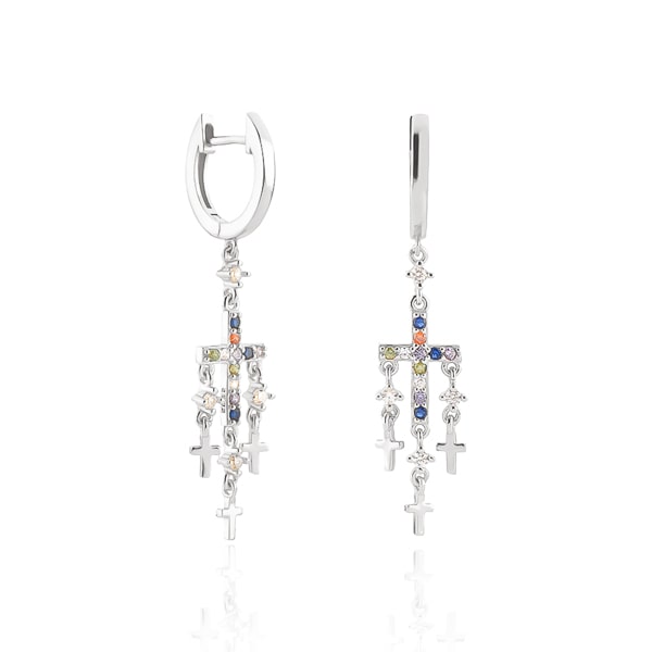 Silver cross chandelier earrings