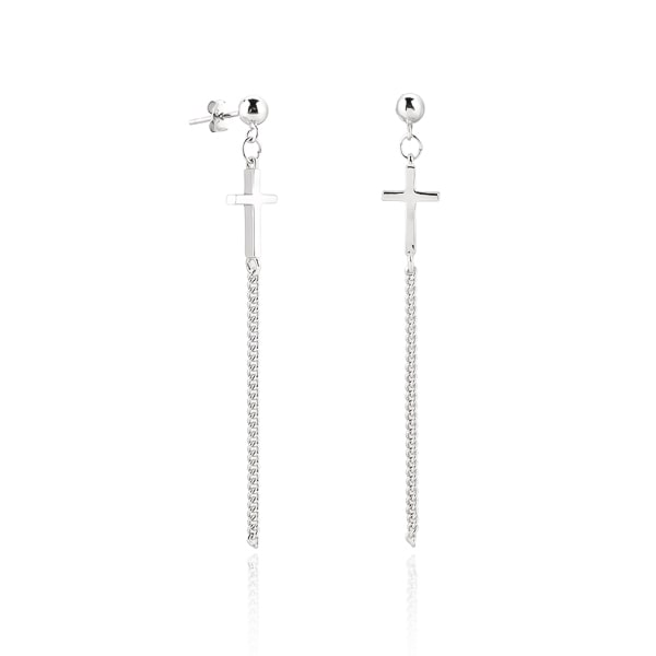 Silver cross drop chain earrings
