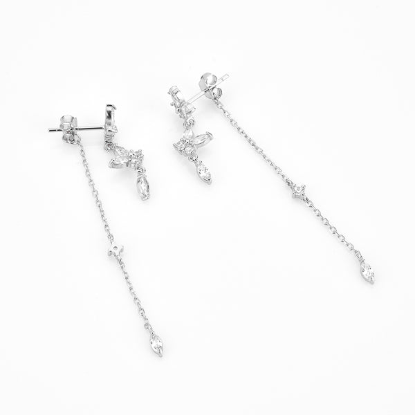 Silver crystal butterfly drop chain earrings details