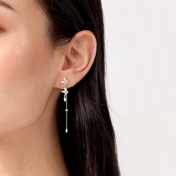 Silver crystal butterfly drop chain earrings on woman