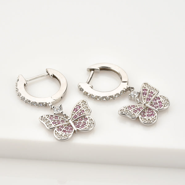 Silver crystal butterfly drop huggie hoop earrings