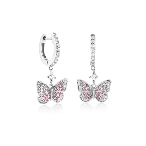 Silver crystal butterfly drop hoop earrings
