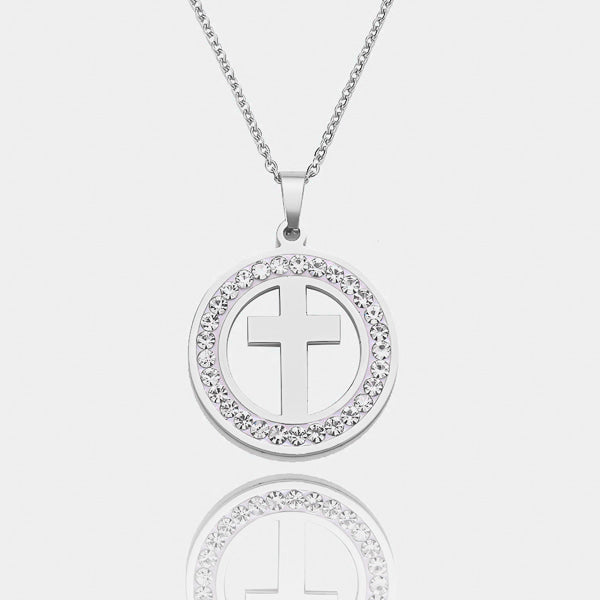 Silver crystal coin cross pendant necklace details