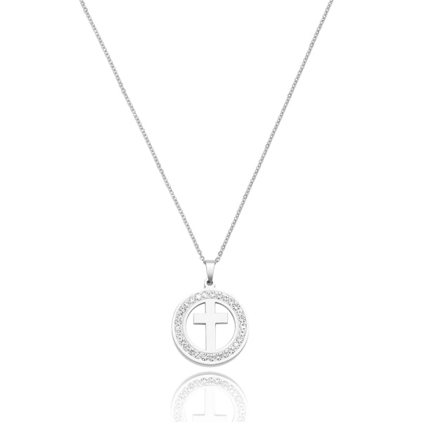 Silver crystal coin cross pendant necklace