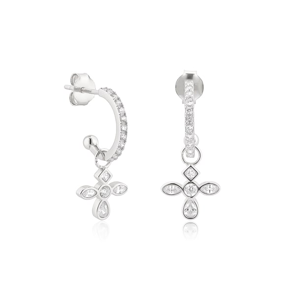 Silver crystal cross c hoop earrings
