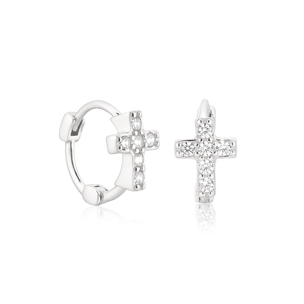 Silver crystal cross huggie hoop earrings