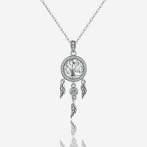 Silver crystal dreamcatcher pendant necklace details