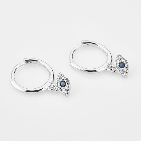 Silver crystal eye mini hoop earrings details