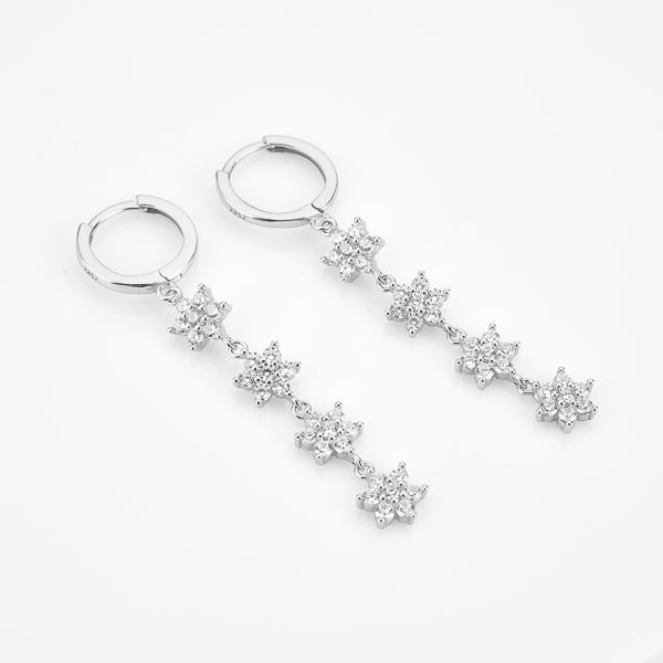 Silver crystal flower drop chain earrings details