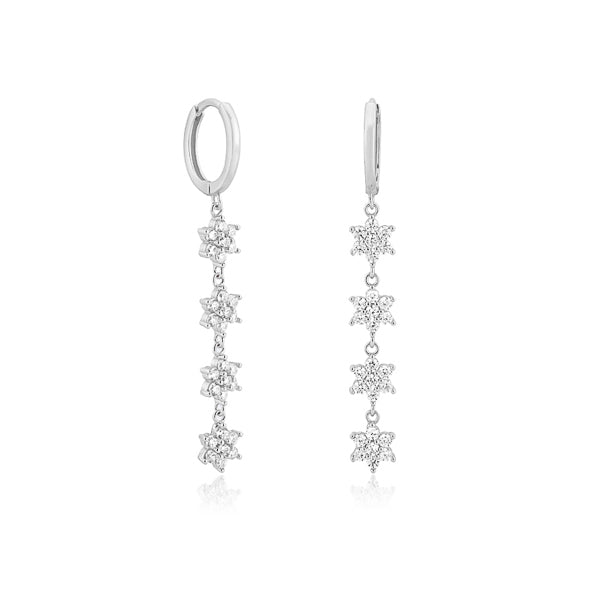 Silver crystal flower drop chain earrings