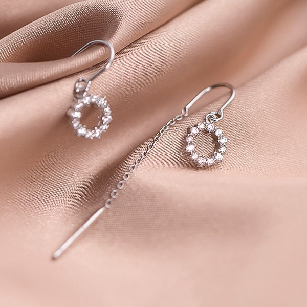 Silver crystal halo threader earrings detail