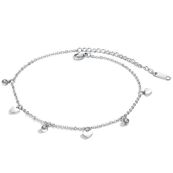 Silver love charm anklet with heart and crystal pendants