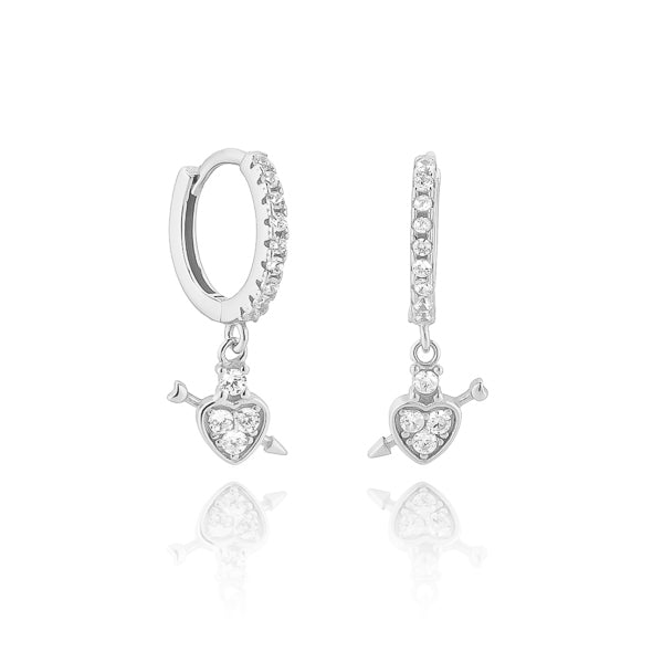 Silver crystal heart drop huggie hoop earrings