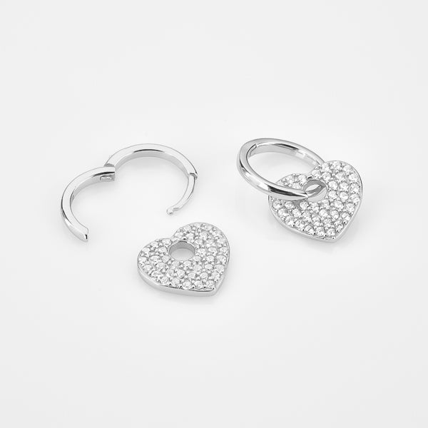Silver crystal heart huggie hoop earrings details