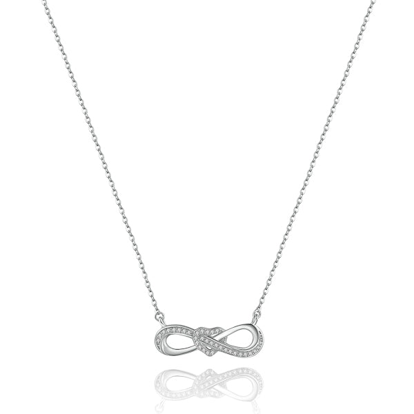 Silver infinity necklace with a heart knot and crystal trim
