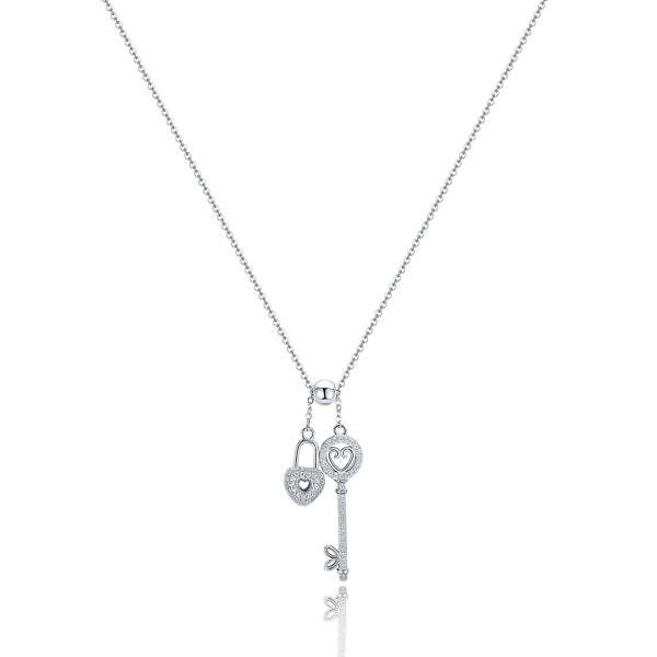 Silver Crystal Key & Lock Heart Necklace