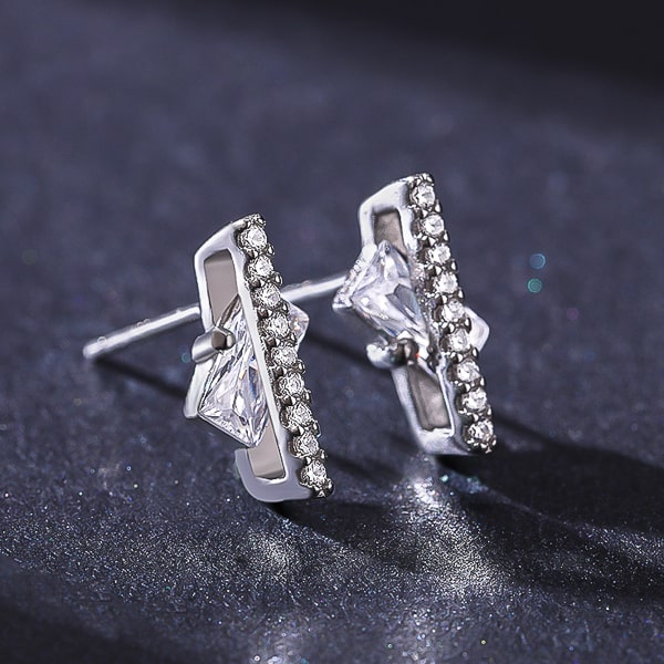 Silver crystal podium stud earrings detail
