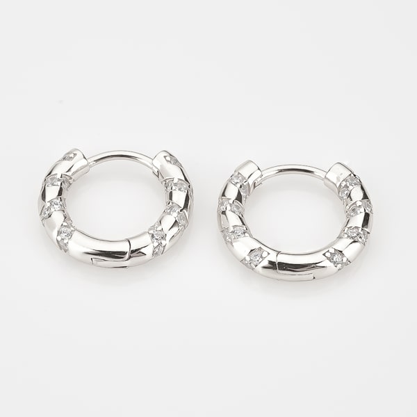 Silver crystal spiral hoop earrings detail