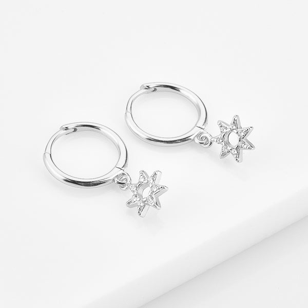Silver crystal sun mini hoop earrings details