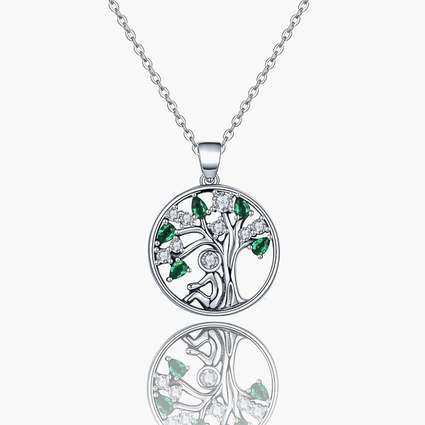 Silver tree of life pendant necklace with green and white crystals