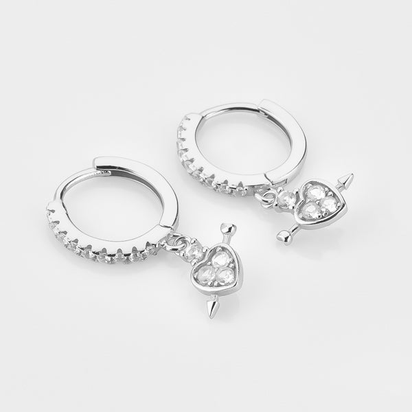Silver crystal heart drop huggie hoop earrings details
