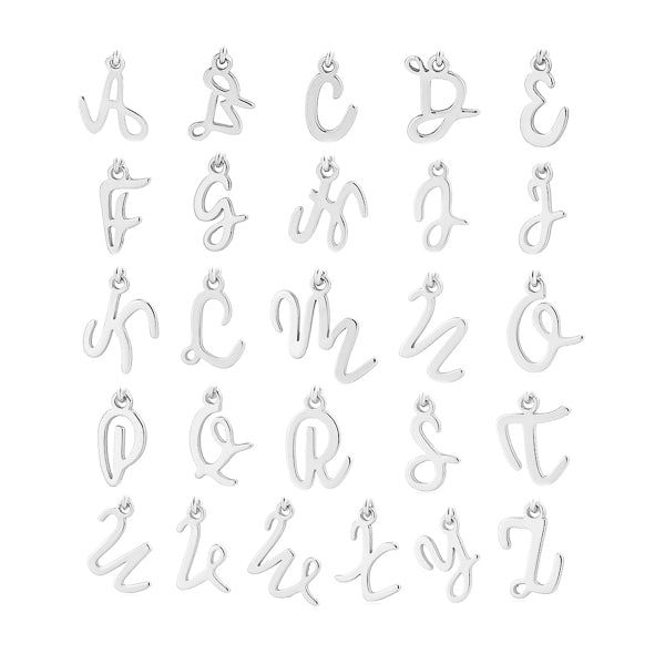 Silver cursive initial letter charms on earrings