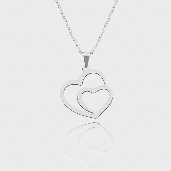 Silver double heart pendant necklace details