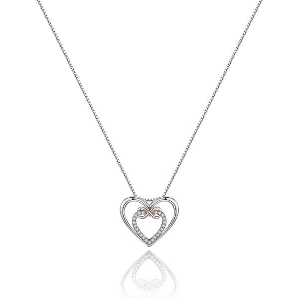 Dual heart pendant with an infinity symbol hanging form a silver chain