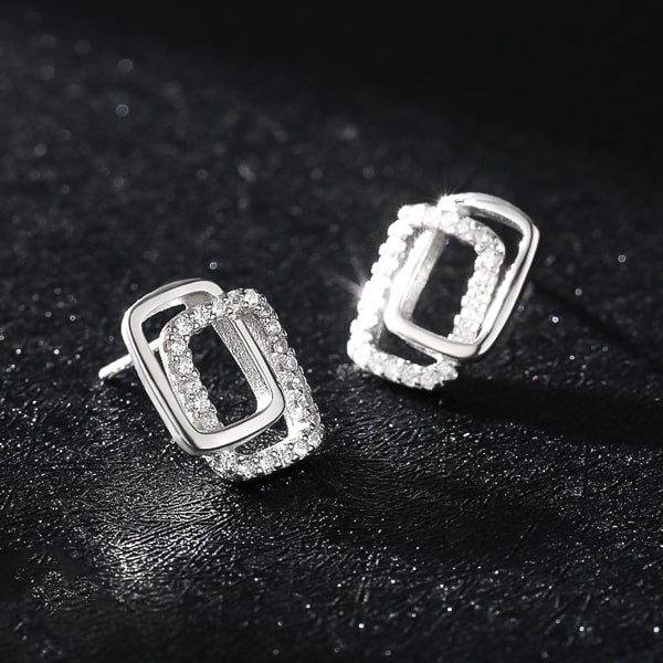 Silver double square stud earrings detail