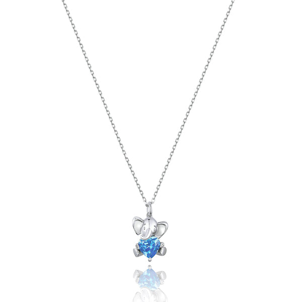 Silver elephant and blue crystal heart pendant necklace