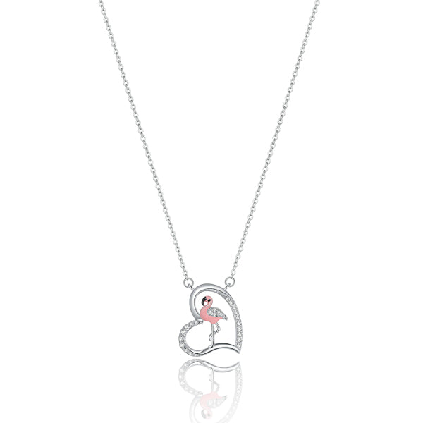 Silver necklace with a heart and a pink flamingo pendant