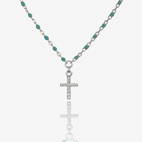 Silver necklace with green beads and a crystal cross details