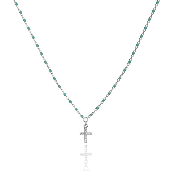 Silver necklace with green beads and a crystal cross