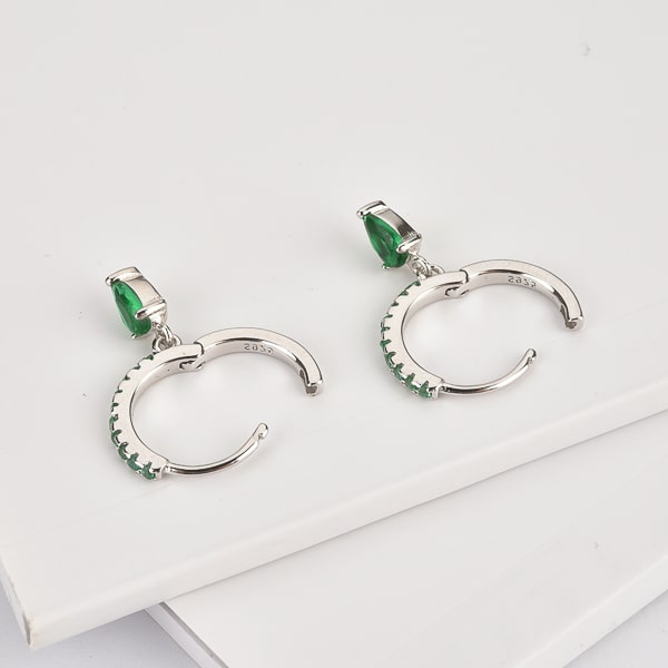 Silver green crystal huggie teardrop earrings details