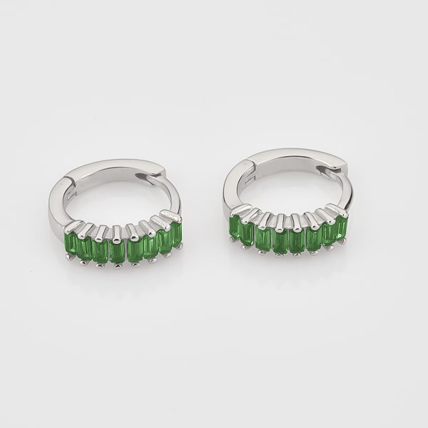 Silver green emerald-cut crystal huggie earrings details