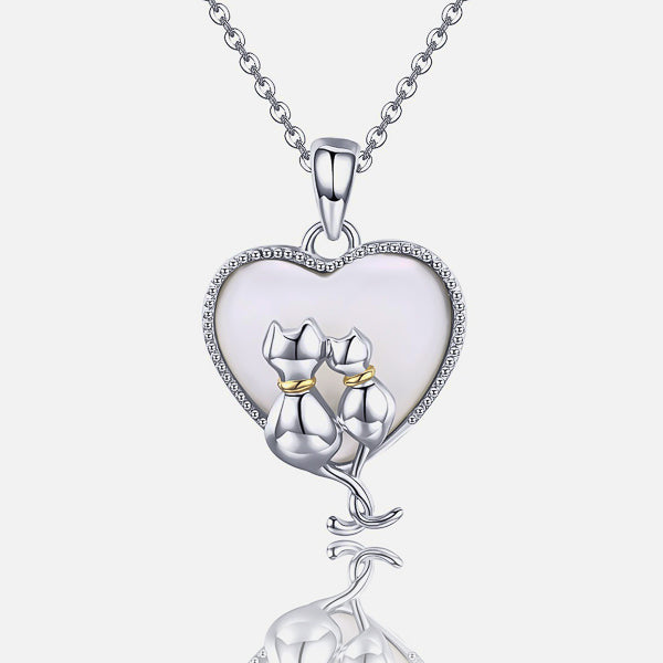 Silver heart and cats pendant necklace details