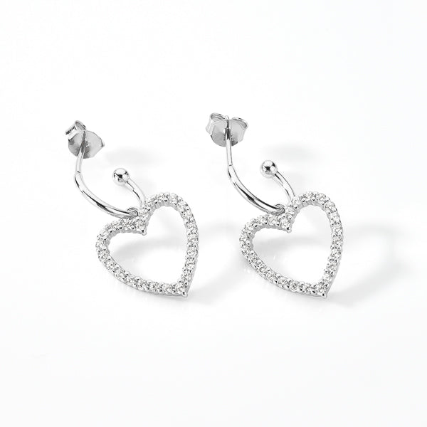 Silver crystal heart dangle drop earrings details