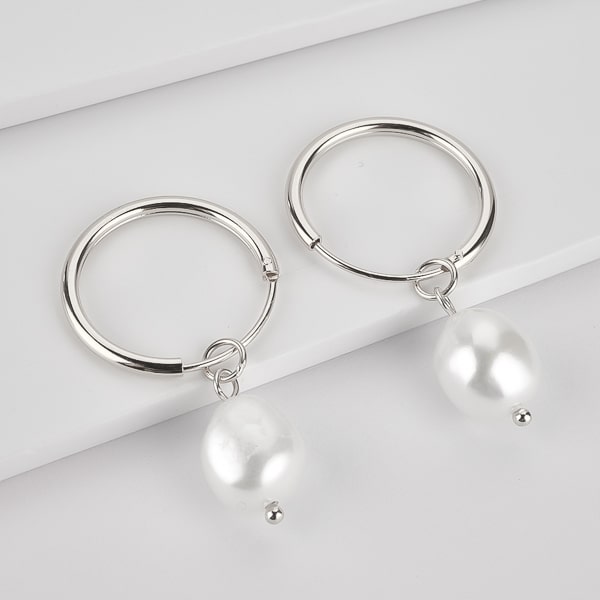 Silver large pearl drop hoop earrings details