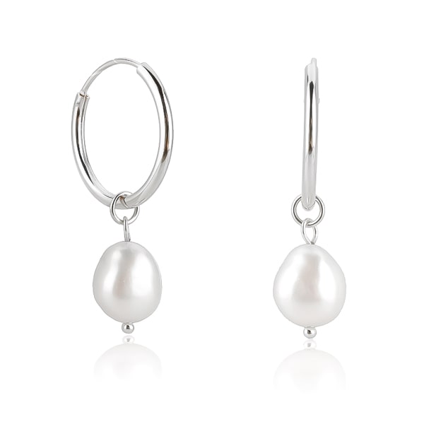 Silver large pearl drop hoop earrings