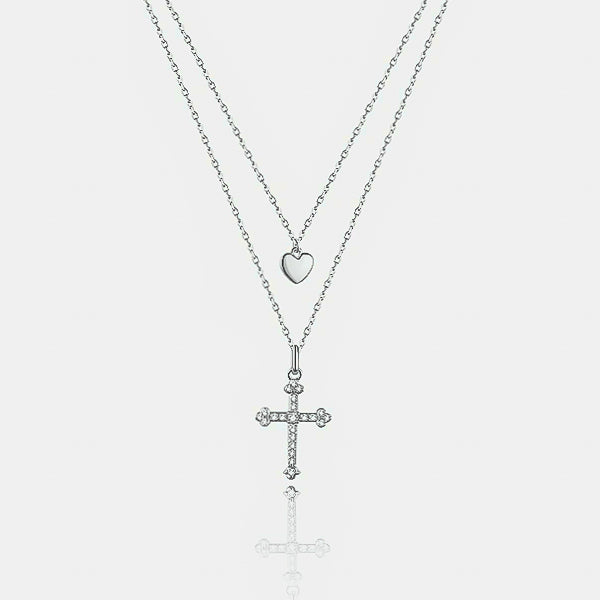 Silver Layered Heart Cross Necklace
