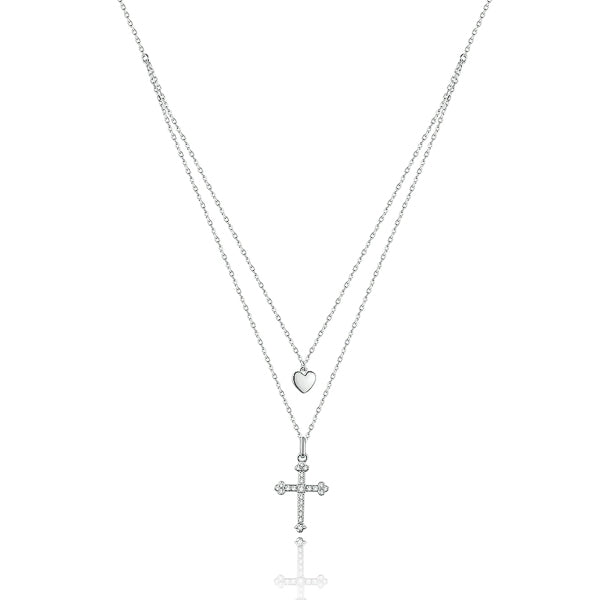 Silver layered heart and cross necklace