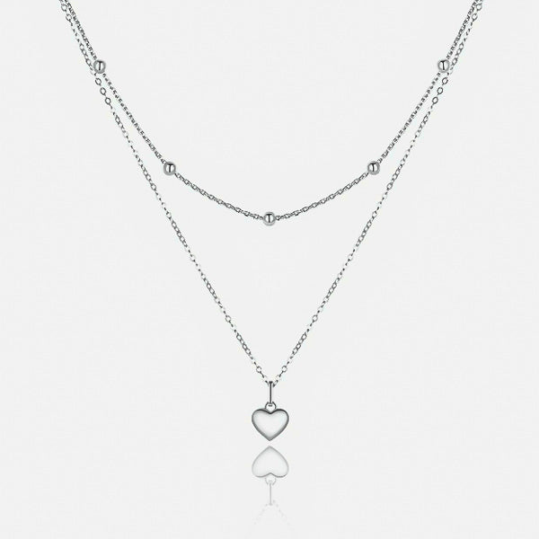 Silver layered heart & beads pendant necklace details