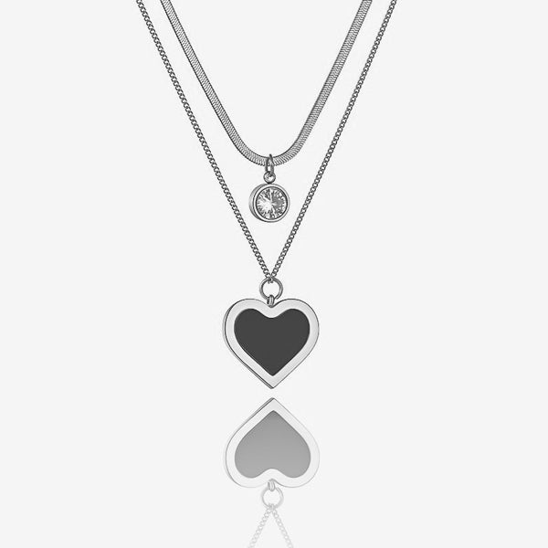 Silver layered heart crystal pendant necklace details