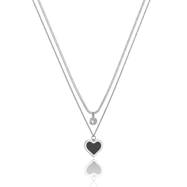 Silver layered heart crystal pendant necklace